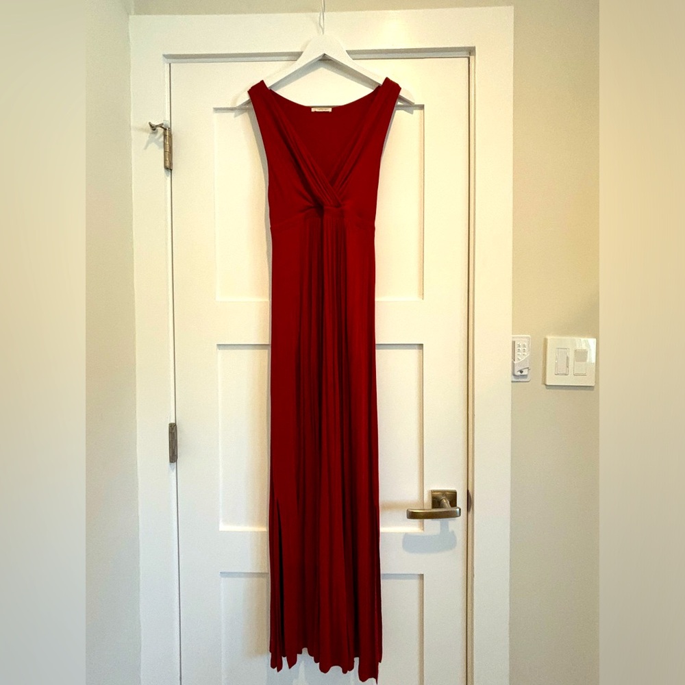 Long Red empire waist maxi dress